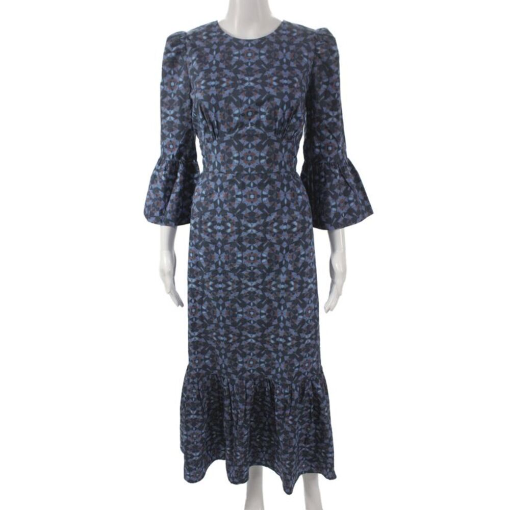 Cefinn Women Fit & Flare Blue Geometric Long 3/4 Sleeve Cotton Dress Size 6